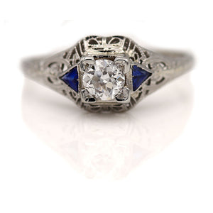 Art Deco .55 CTW Old European Cut Diamond Sapphire Side Stones GIA E/SI1