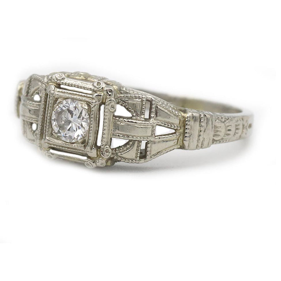 Art Deco .20ct Old European Cut Diamond 18K White Gold Geometric Ring