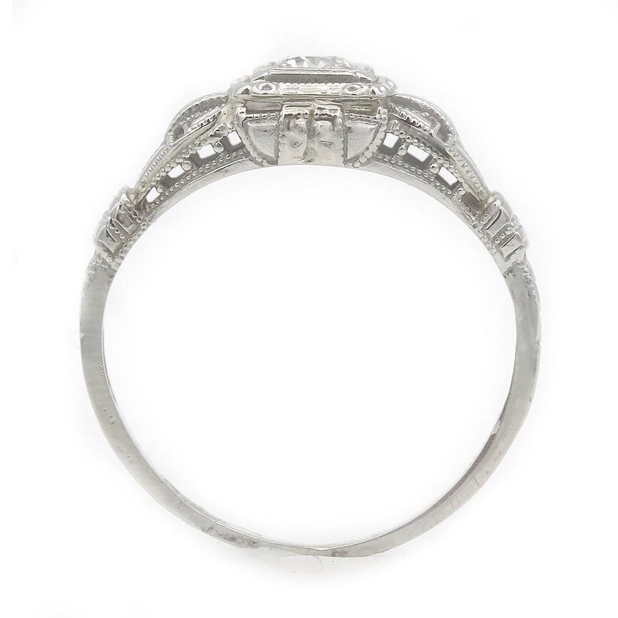 Art Deco .20 Ct Old European Cut Diamond Geometric Engagement Ring in 18K White Gold