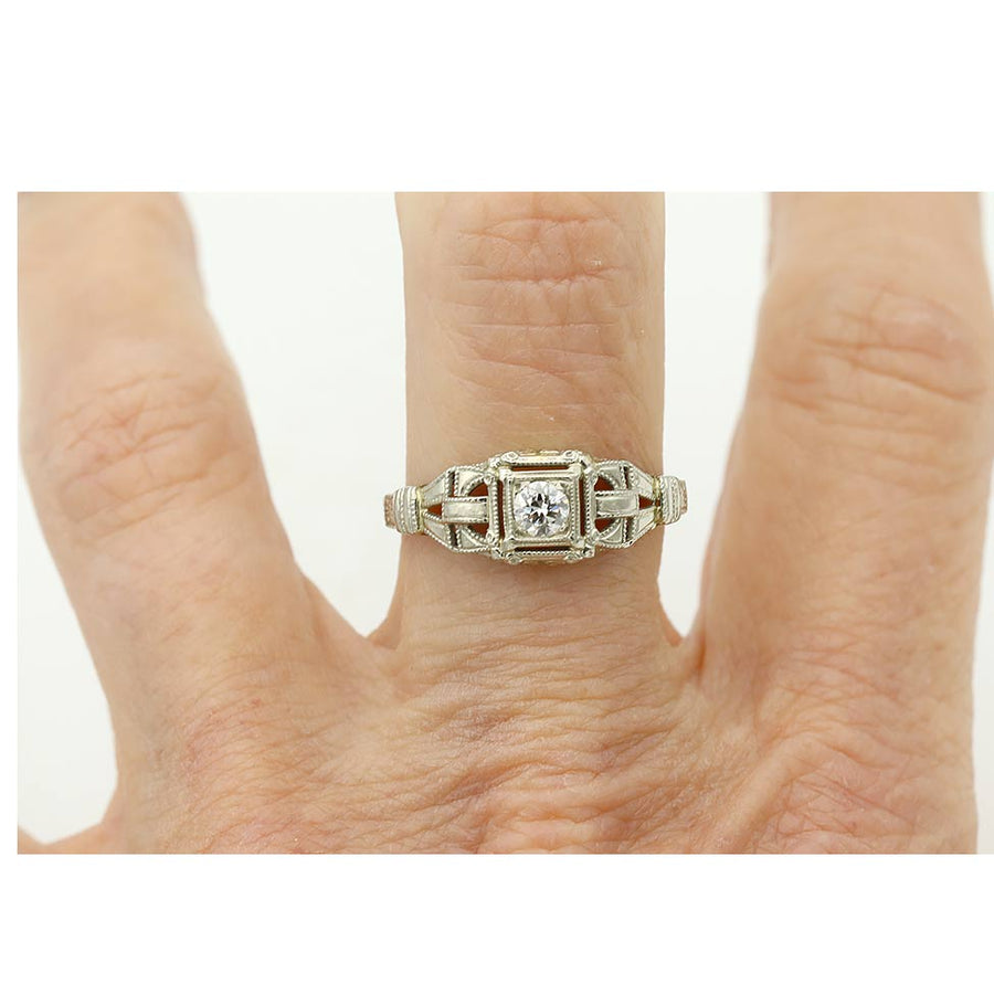 Art Deco .20ct Old European Cut Diamond 18K White Gold Geometric Ring