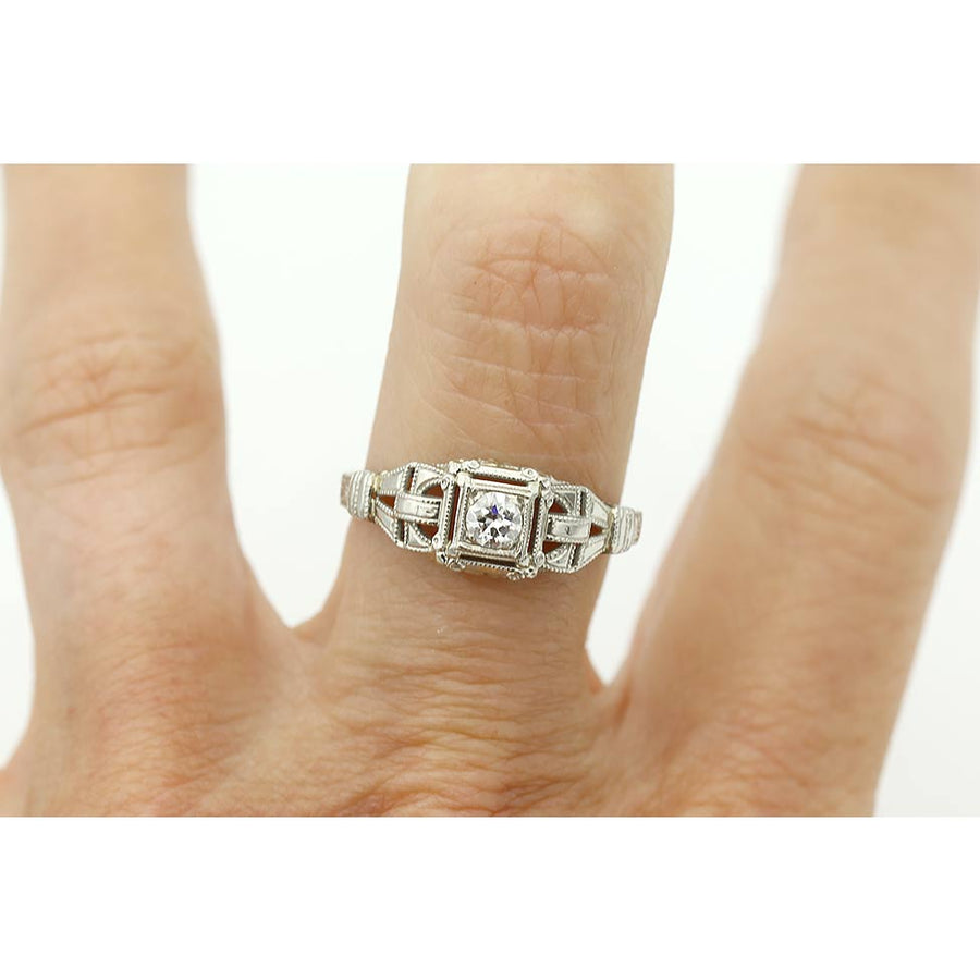 Art Deco .20 Ct Old European Cut Diamond Geometric Engagement Ring in 18K White Gold