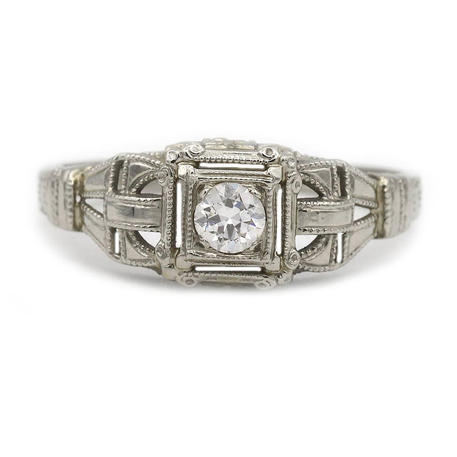 Art Deco .20ct Old European Cut Diamond 18K White Gold Geometric Ring