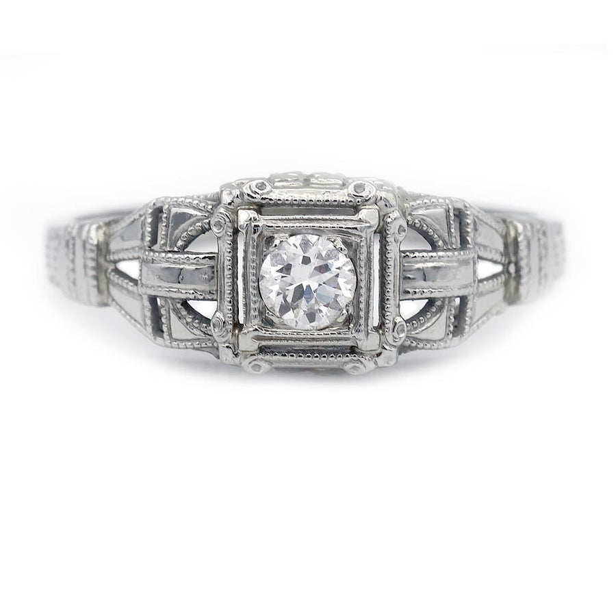 Art Deco .20 Ct Old European Cut Diamond Geometric Engagement Ring in 18K White Gold