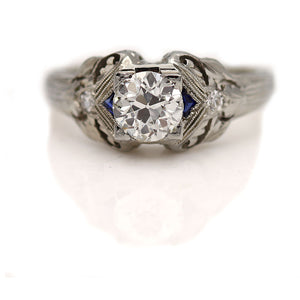Vintage .64 CTW Old European Cut Diamond Art Deco Engagement Ring Sapphire Side Stones GIA J/VS2