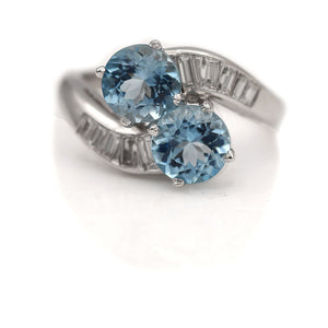 Vintage Toi Et Moi 3.50 CTW Aquamarine & Baguette Diamond Gemstone Engagement Ring