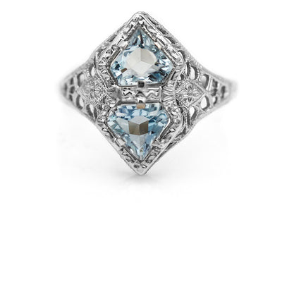 Art Deco 1.00 CTW Two Stone Kite Shape Aquamarine Engagement Ring