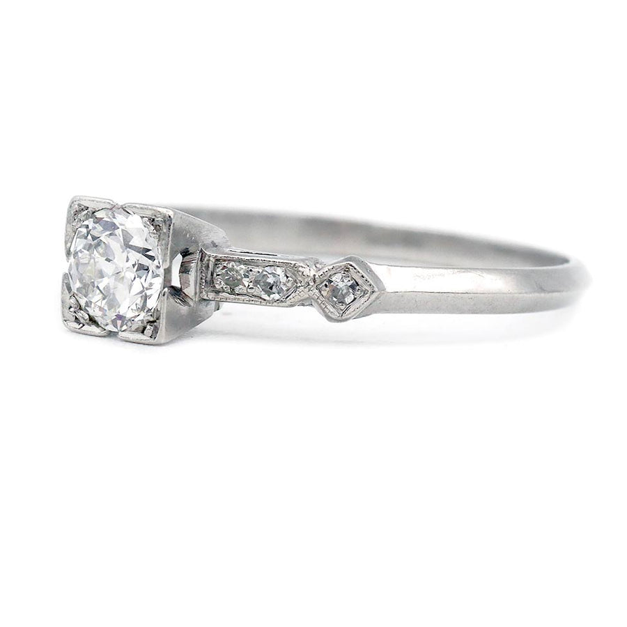 Art Deco .45ct Old European Cut Diamond Platinum Ring | Milgrain Geometric Frame | Circa 1940s