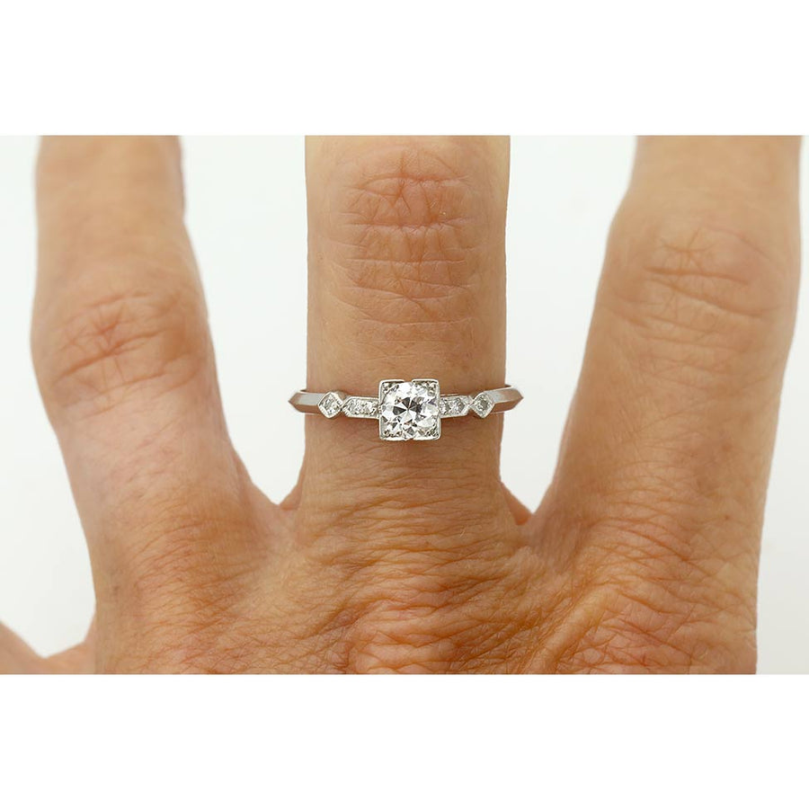 Art Deco .45ct Old European Cut Diamond Platinum Ring | Milgrain Geometric Frame | Circa 1940s