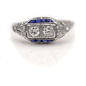 Art Deco Toi et Moi .61 CTW Old European Cut Diamond Sapphire Engagement Ring