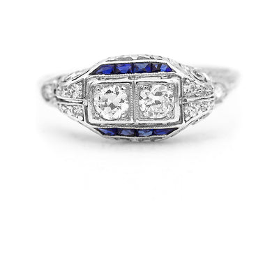 Art Deco Toi et Moi .61 CTW Old European Cut Diamond Sapphire Engagement Ring