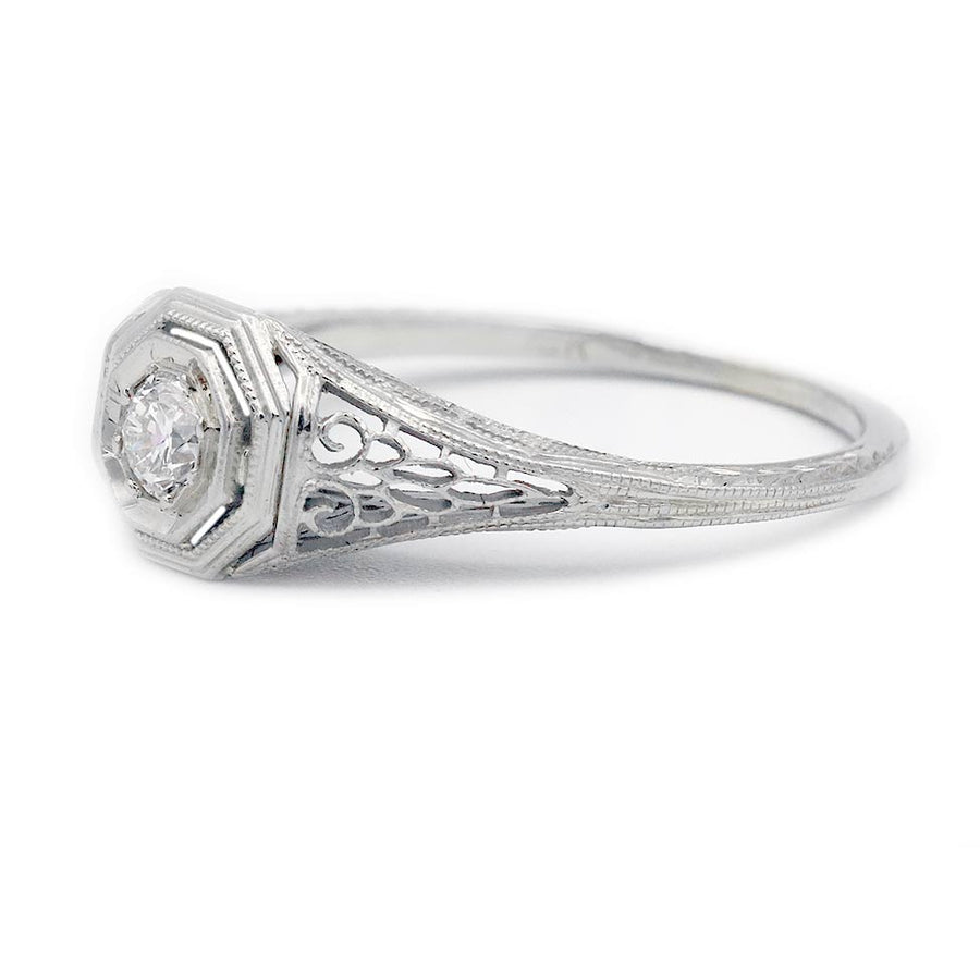 Art Deco .25 CT Old Mine Cut Diamond Solitaire | 18K White Gold F/VS2