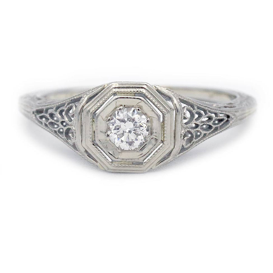 Art Deco .25 CT Old Mine Cut Diamond Solitaire | 18K White Gold F/VS2