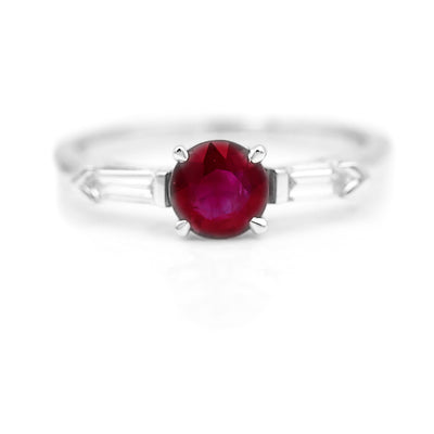 Vintage 1.07 CTW Three Stone Burma Ruby Bullet Cut Diamond Gemstone Engagement Ring 