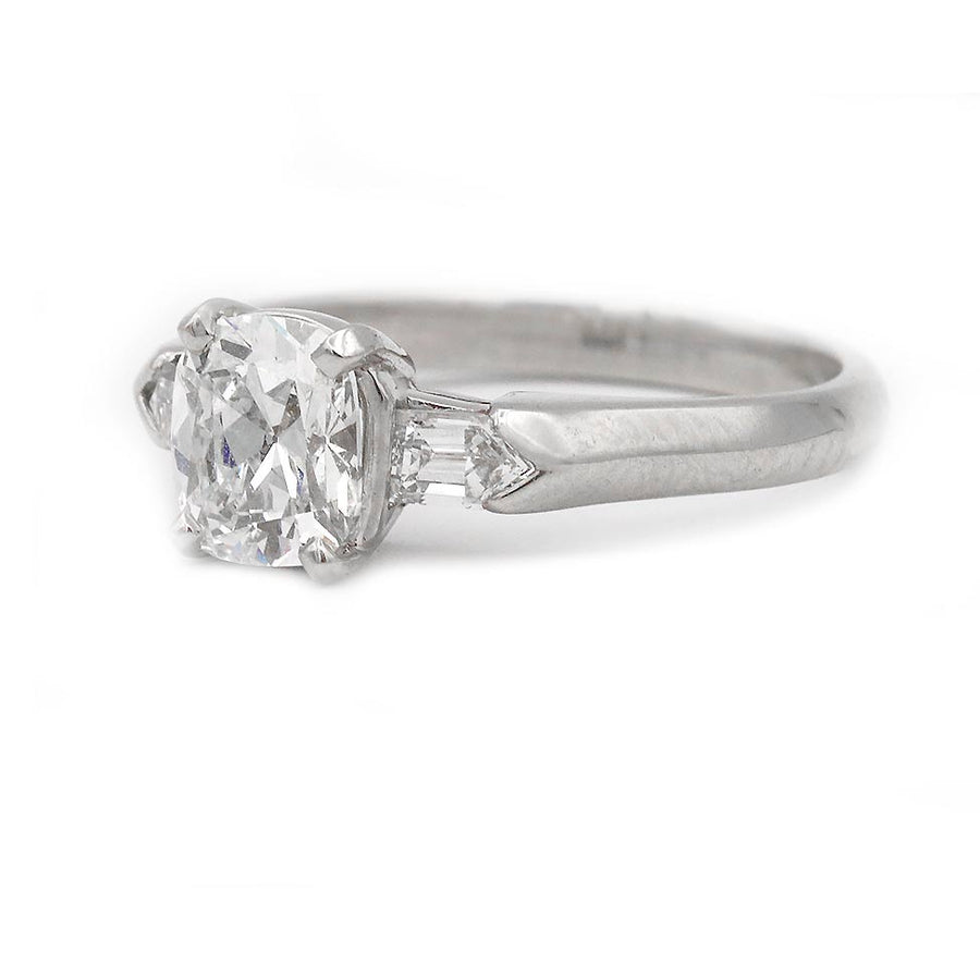 Vintage 1.33 CTW Cushion Cut Diamond & Bullet Three-Stone Engagement Ring | GIA H/VS1