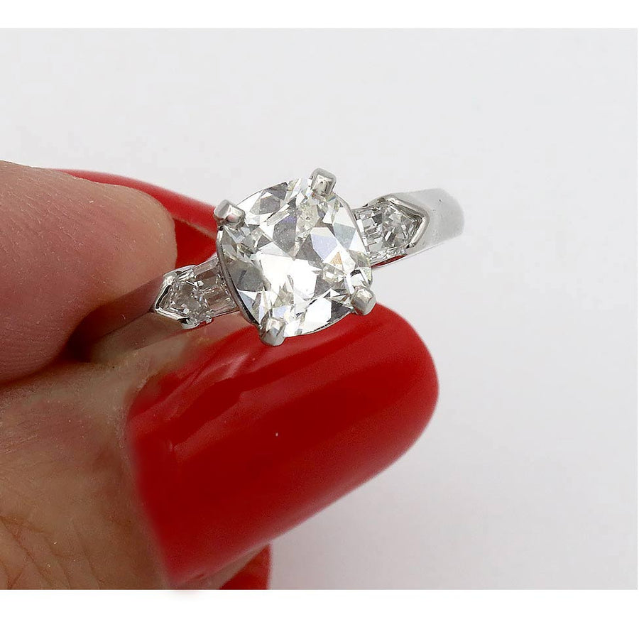Vintage 1.33 CTW Cushion Cut Diamond & Bullet Three-Stone Engagement Ring | GIA H/VS1