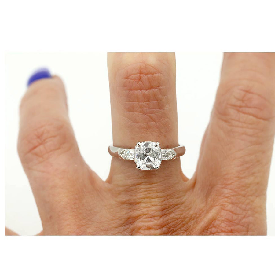 Vintage 1.33 CTW Cushion Cut Diamond & Bullet Three-Stone Engagement Ring | GIA H/VS1