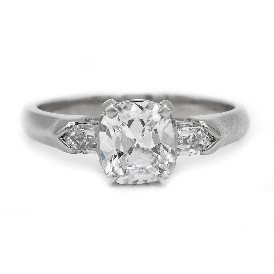 Vintage 1.33 CTW Cushion Cut Diamond & Bullet Three-Stone Engagement Ring | GIA H/VS1