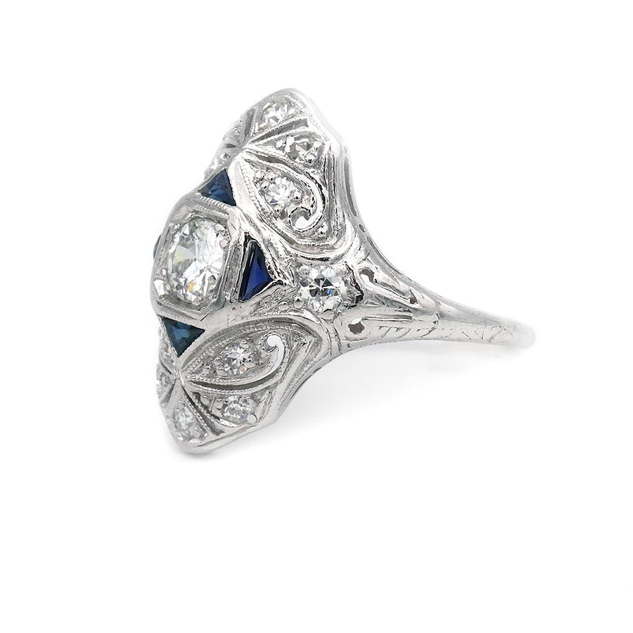 Art Deco .74 CTW Old Mine Cut Diamond & Sapphire Dinner Ring | Platinum