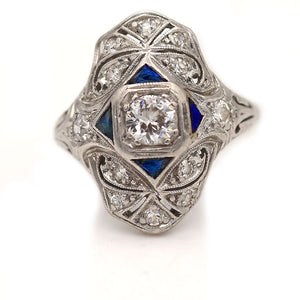 Art Deco .74 CTW Old Mine Cut Platinum Diamond Sapphire Vintage Cocktail Ring
