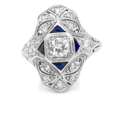 Art Deco .74 CTW Old Mine Cut Platinum Diamond Sapphire Vintage Cocktail Ring