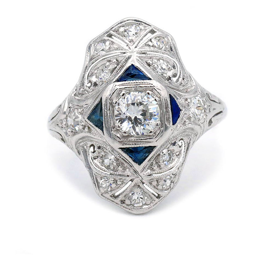 Art Deco .74 CTW Old Mine Cut Diamond & Sapphire Dinner Ring | Platinum