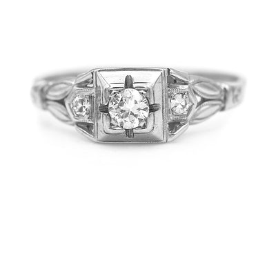 Art Deco .22 CTW European Cut Diamond Vintage Engagement Ring with Navette Engravings