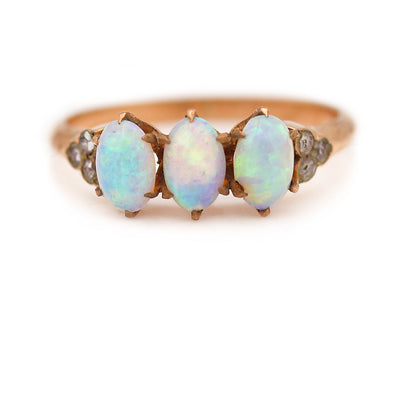 Victorian 1.00 CTW Rose Gold Three Stone Opal Engagement Ring Rose Cut Diamond Accents