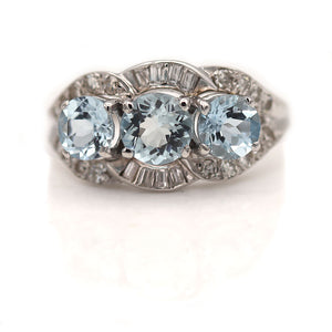 Vintage 2.20 CTW Three Stone Aquamarine Engagement Ring with Baguette Diamonds