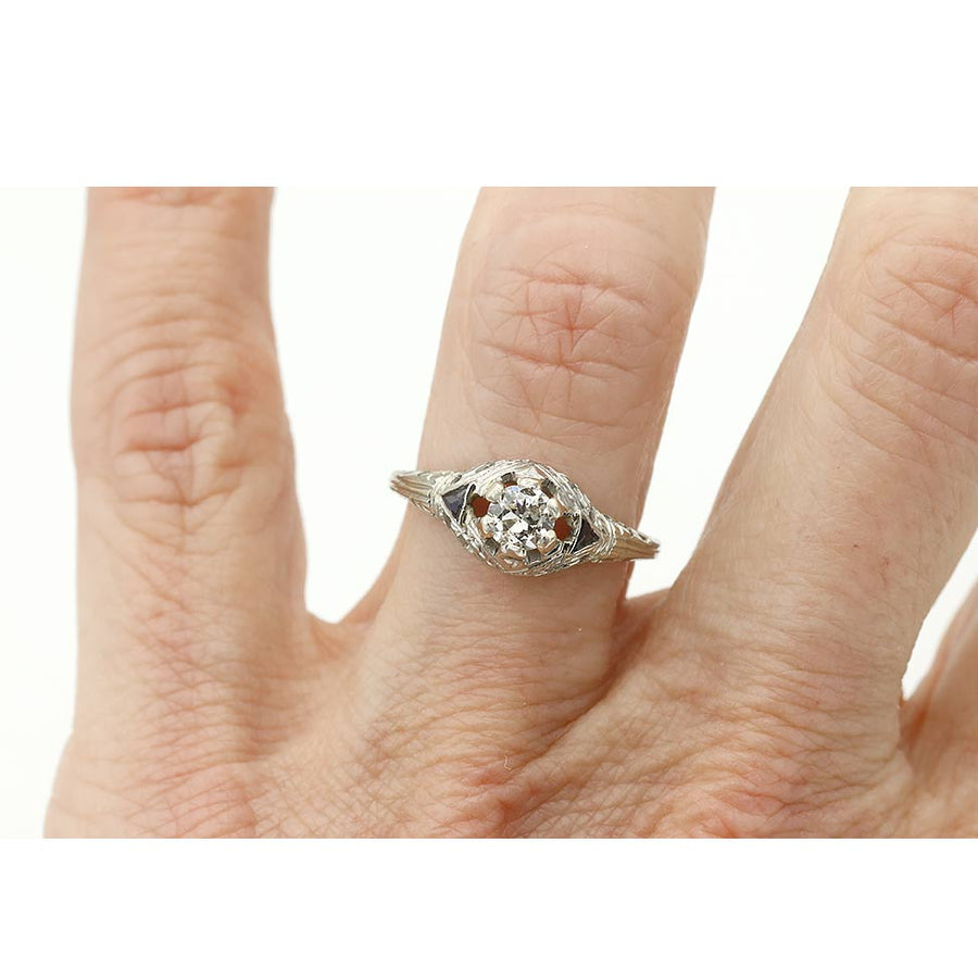 Art Deco Three Stone Old Mine Cut Diamond & Sapphire Engagement Ring