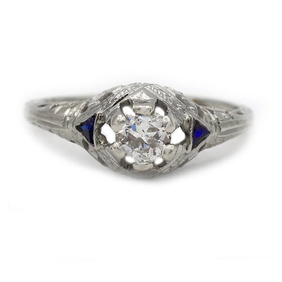 Art Deco Three Stone Old Mine Cut Diamond & Sapphire Engagement Ring