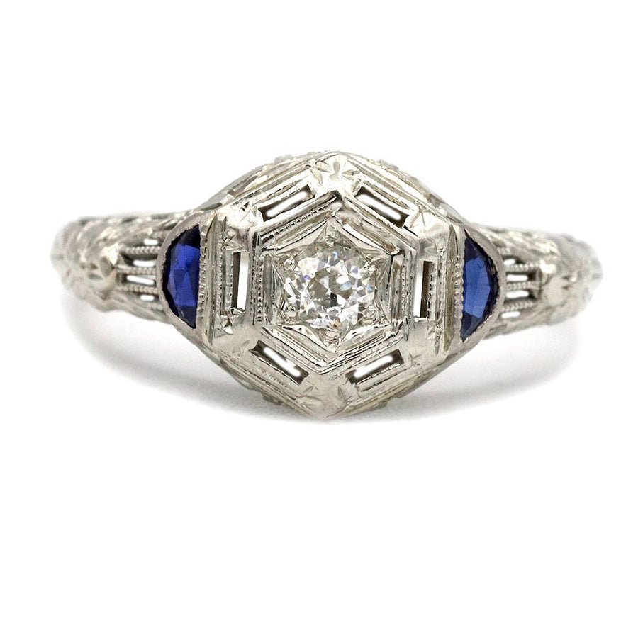 Art Deco .20 CTW Mine Cut Diamond Sapphire Vintage Engagement Ring