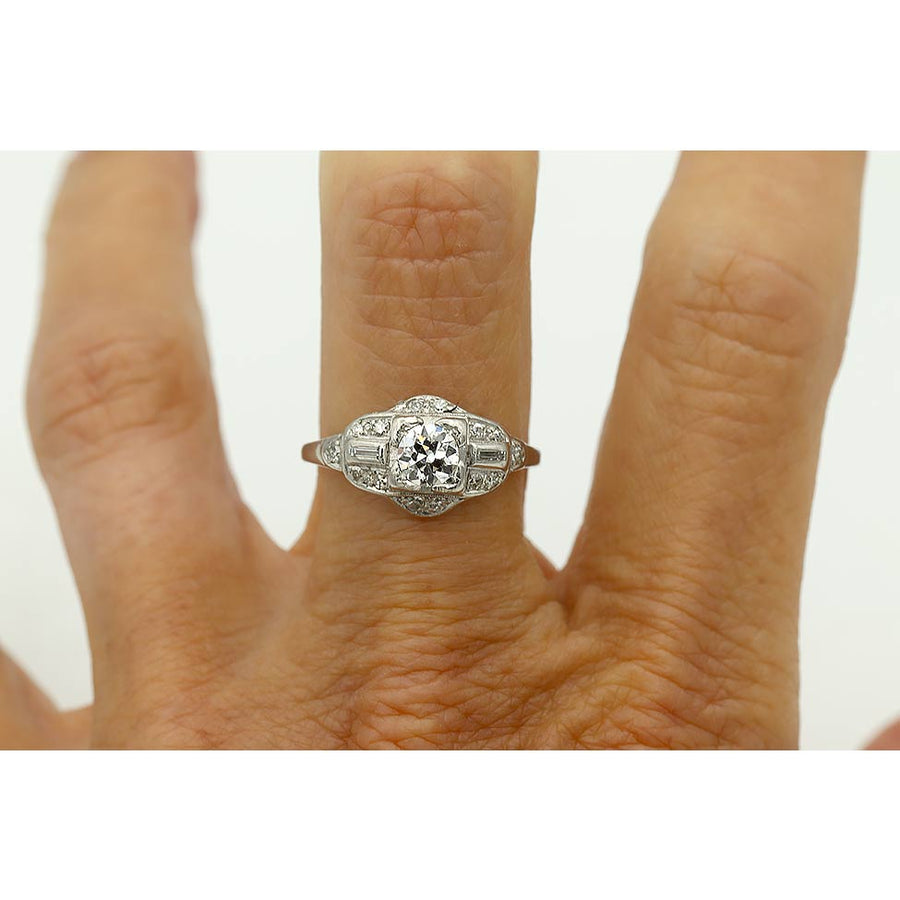 Vintage .79 CTW Old European Cut Diamond Art Deco Engagement Ring with Baguette Diamonds