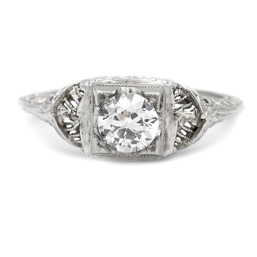 Art Deco .60 Ct Old European Cut Diamond Engagement Ring | Geometric Square Frame | Circa 1930s