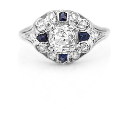 Art Deco 1.14 CTW Old Mine Cut Diamond Platinum Sapphire Engagement Ring 