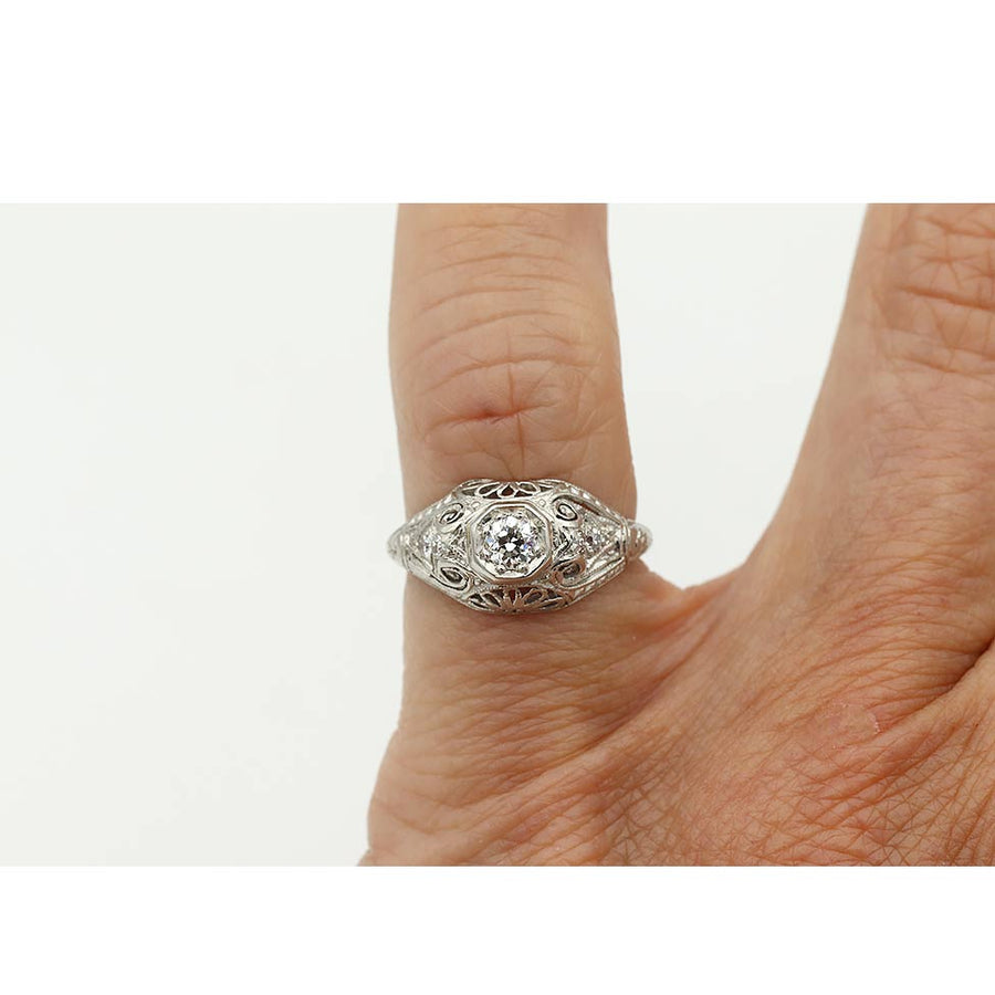 Vintage .25 CTW Old European Cut Diamond Art Deco Engagement Ring with Open Metal Work