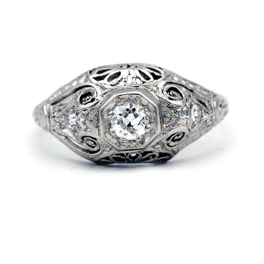 Vintage .25 CTW Old European Cut Diamond Art Deco Engagement Ring with Open Metal Work