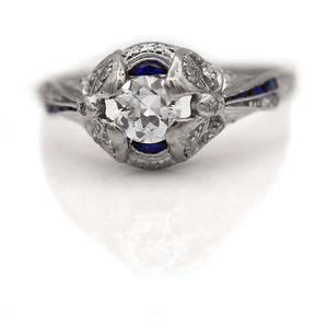 Vintage 1.10 CTW European Cut Diamond Sapphire Art Deco Engagement Ring