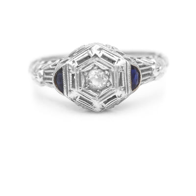 Art Deco .20 CTW Mine Cut Diamond Sapphire Vintage Engagement Ring