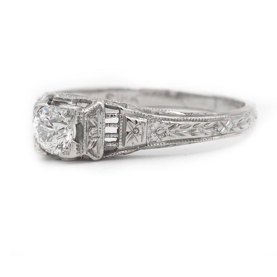 Art Deco .25 Ct Old Mine Cut Diamond Geometric Engagement Ring in 18K White Gold