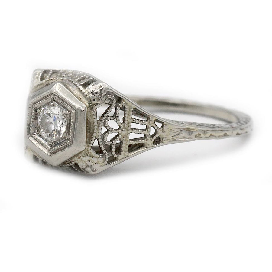 Art Deco .20 CT Old Mine Cut Diamond Engagement Ring | 18K White Gold