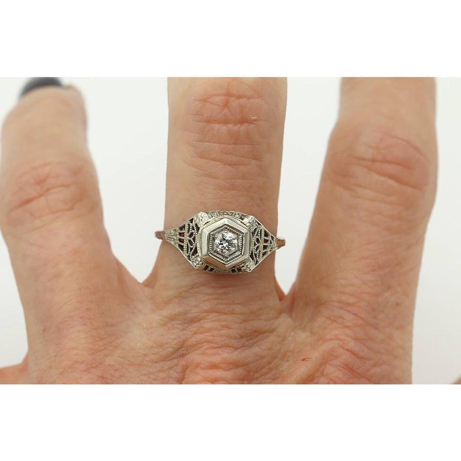 Art Deco .20 CT Old Mine Cut Diamond Engagement Ring | 18K White Gold