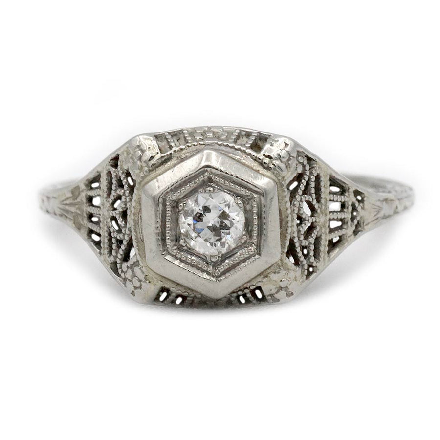 Art Deco .20 CT Old Mine Cut Diamond Engagement Ring | 18K White Gold