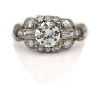 Art Deco 1.17 CTW Old European Cut Baguette Platinum Vintage Diamond Engagement Ring