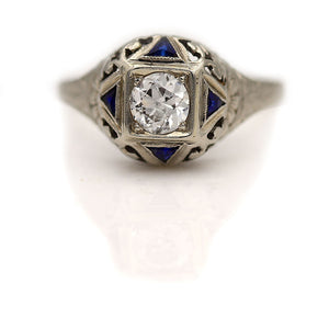 Art Deco .90 CTW Four Point Star Old European Cut Diamond Sapphire Engagement Ring