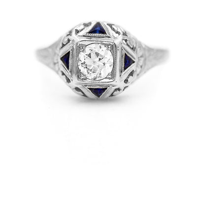 Art Deco .90 CTW Four Point Star Old European Cut Diamond Sapphire Engagement Ring