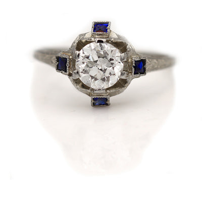Vintage Old European Cut Diamond and Sapphire Engagment Ring 1.42 Ct GIA J/I1