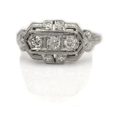 Art Deco Three Stone 18 Kt Filigree Old European Cut Diamond Engagement Ring