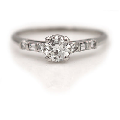 Vintage Old European & Baguette Cut Diamond  Engagement Ring .61 Carat GIA J/SI1