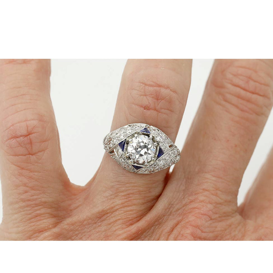 Art Deco 1.16 Ct Old European Cut Diamond & Sapphire Engagement Ring – GIA J/SI1, Platinum, Circa 1930s