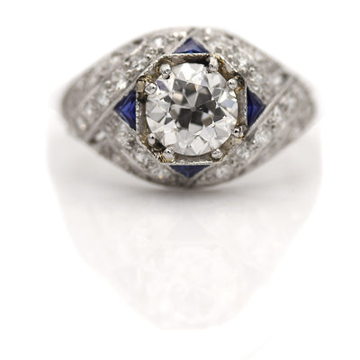 Art Deco Diamond and Sapphire Engagement Ring 1.16 Ct GIA J/SI1